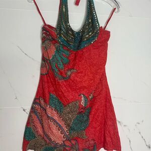 Mira Women's S Red Boho Floral Sundress Beaded Neckline​